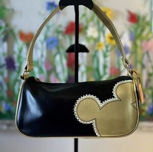 Disney Mickey Minnie Black Gold Faux Leather Shoulder Bag